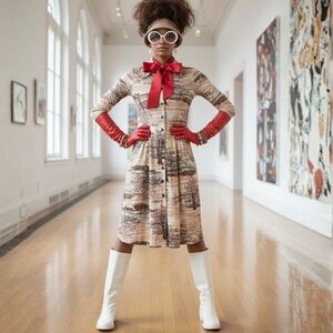 Vintage 70s Novelty Scenic Print Shirt Dress Dagger Collar Indie Sleaze M Union